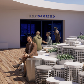 Desert X Visitor Centre pop-up design by Studio Königshausen. The Grind coffee bar emerges as an inviting centrepiece within the historic landscape, inviting visitors to immerse in the fusion of contemporary design and the timeless allure of AlUla. 